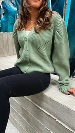 Mint Button Puff Sleeve Cardi