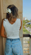 White 101 Interknit V Ribbed Top