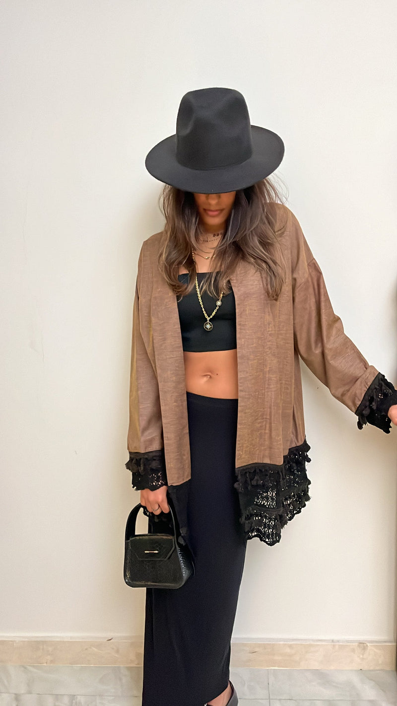 Brown Boho Detailed Mini Kimono