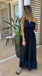 Black Backless Summer Anglaise Trim Dress