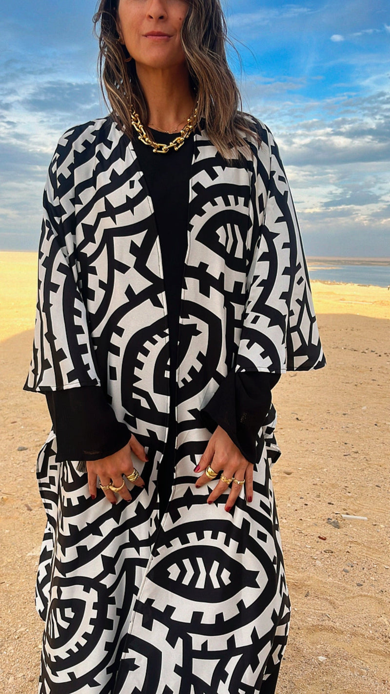 Black Abstract Monochrome Kimono Set