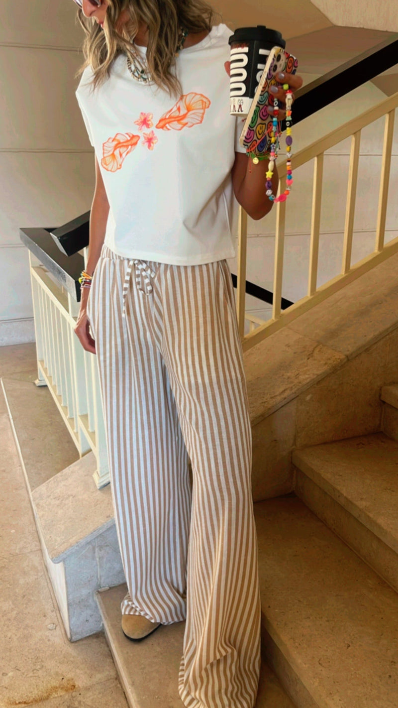 Beige Simple Times Striped Pants