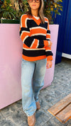 Black & Orange Striped V Knit Pullover