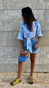 Baby Blue Strips and Stripes Cropped Front Tie Shirt