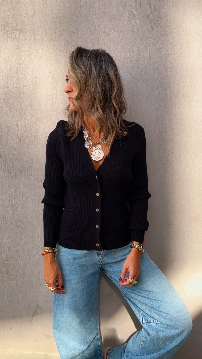 Black Contour Buttoned Cardigan