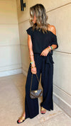 Black Off Shoulder Belted Jumpsuit