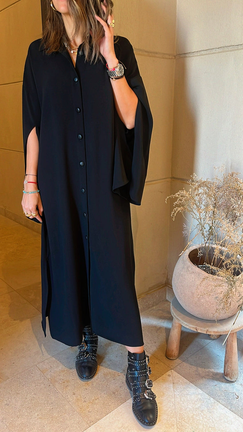 Black Slit Sleeve Shirt Dress