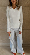 White V-Neck Contour Elevated Pullover