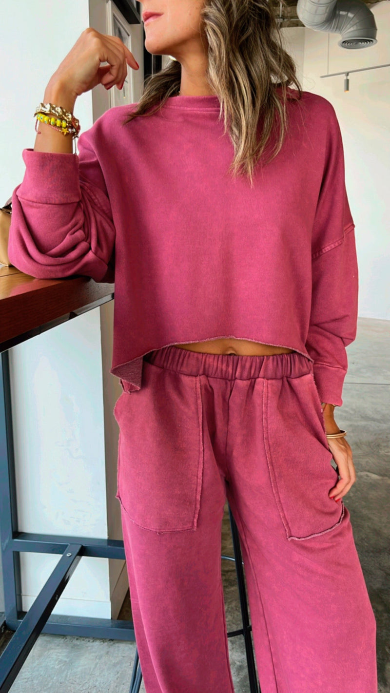 Fuchsia Acid Wash Cropped High low Sweatshirt