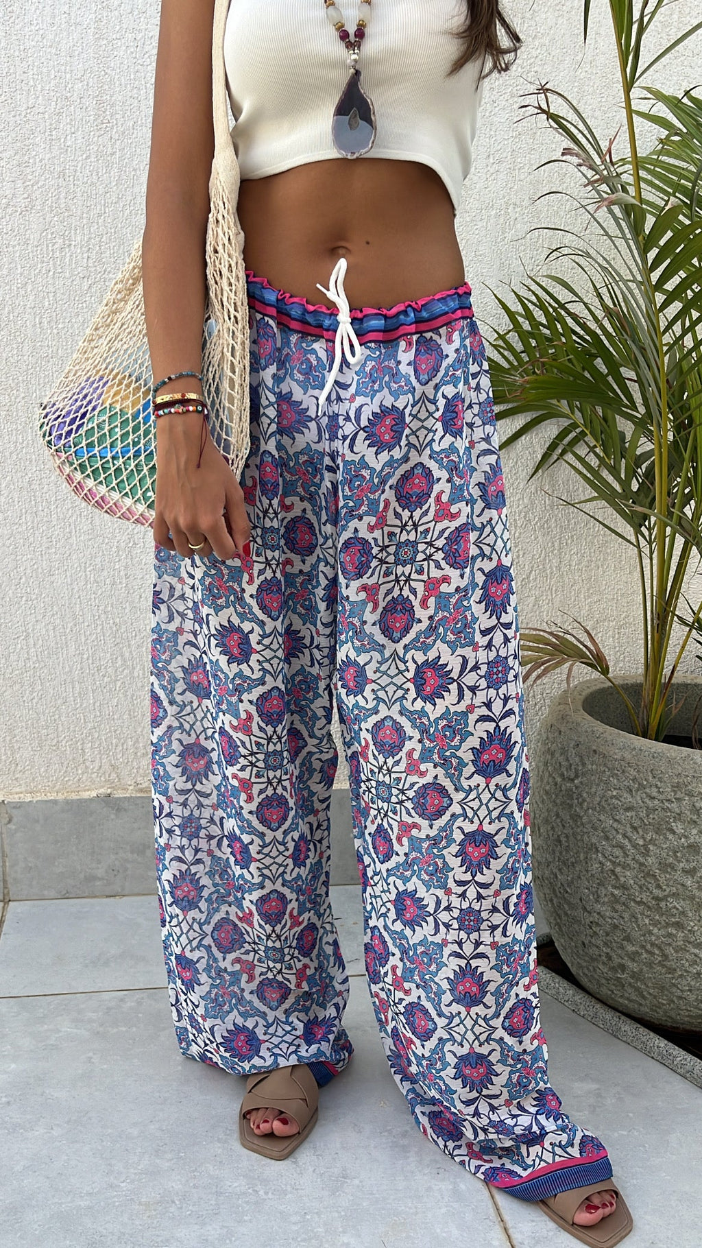 Blue Pattern Chiffon Beach Pants