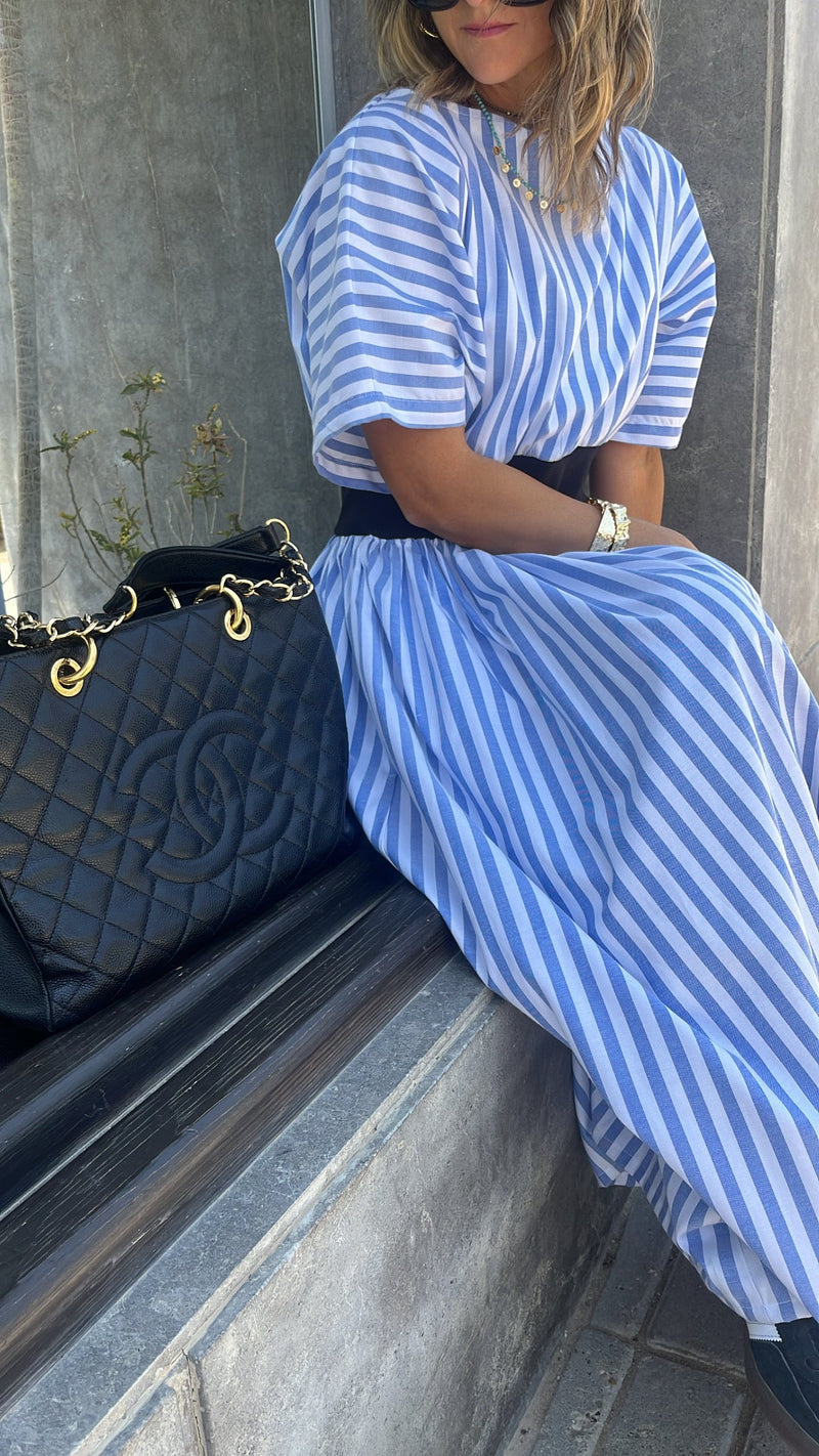 Baby Blue Snatch Waist Stripe Dress