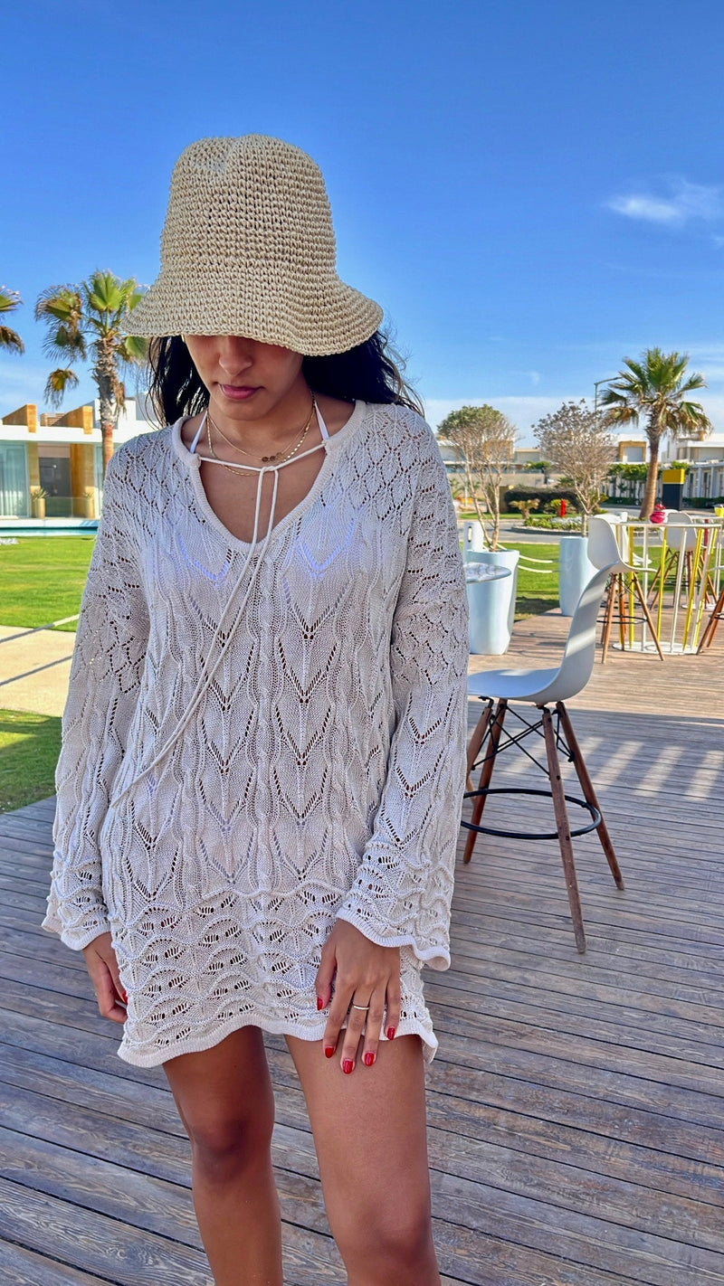 Beige Warm Weather Crochet Mini Dress