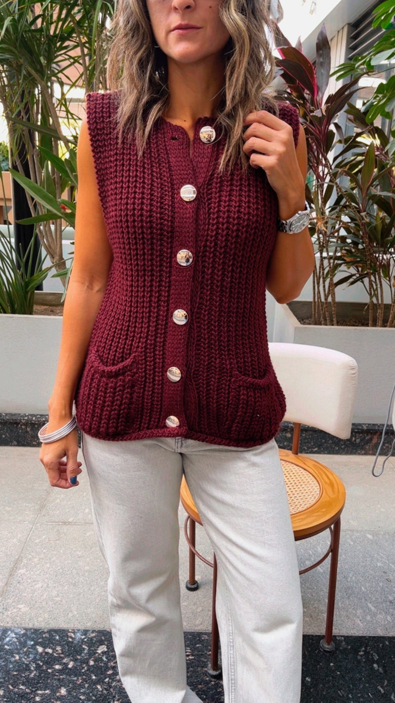 Burgundy Golden Button Knit Vest