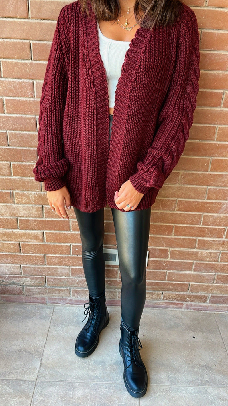 Burgundy Braided Sleeve Cardigan