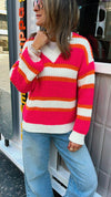 Fuchsia & White Striped V Knit Pullover