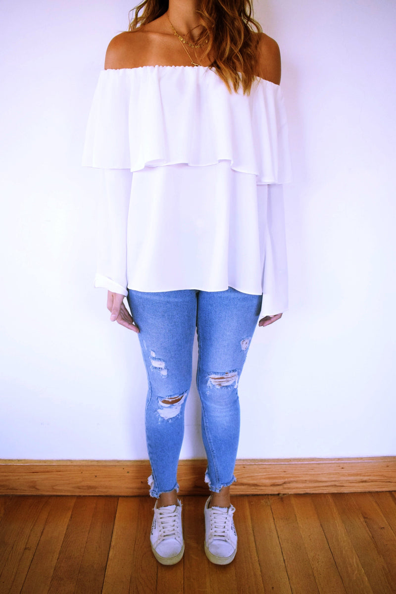 White Tiered Off Shoulder Top