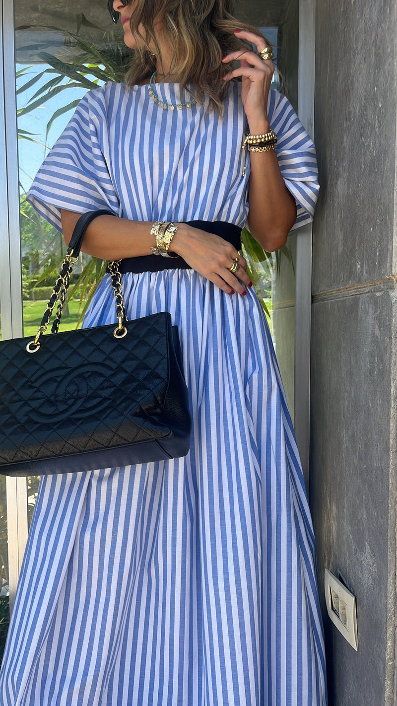 Baby Blue Snatch Waist Stripe Dress