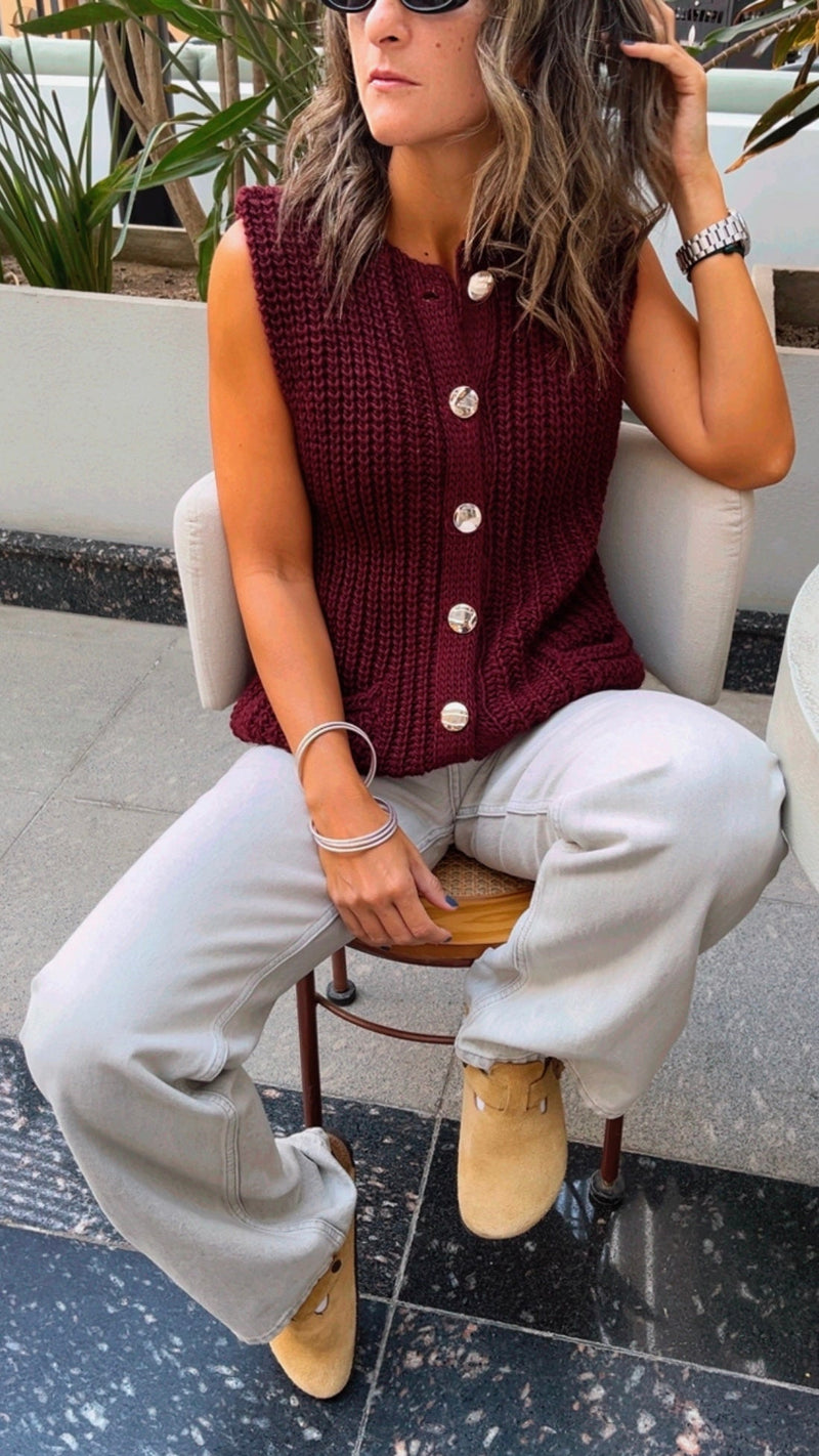 Burgundy Golden Button Knit Vest