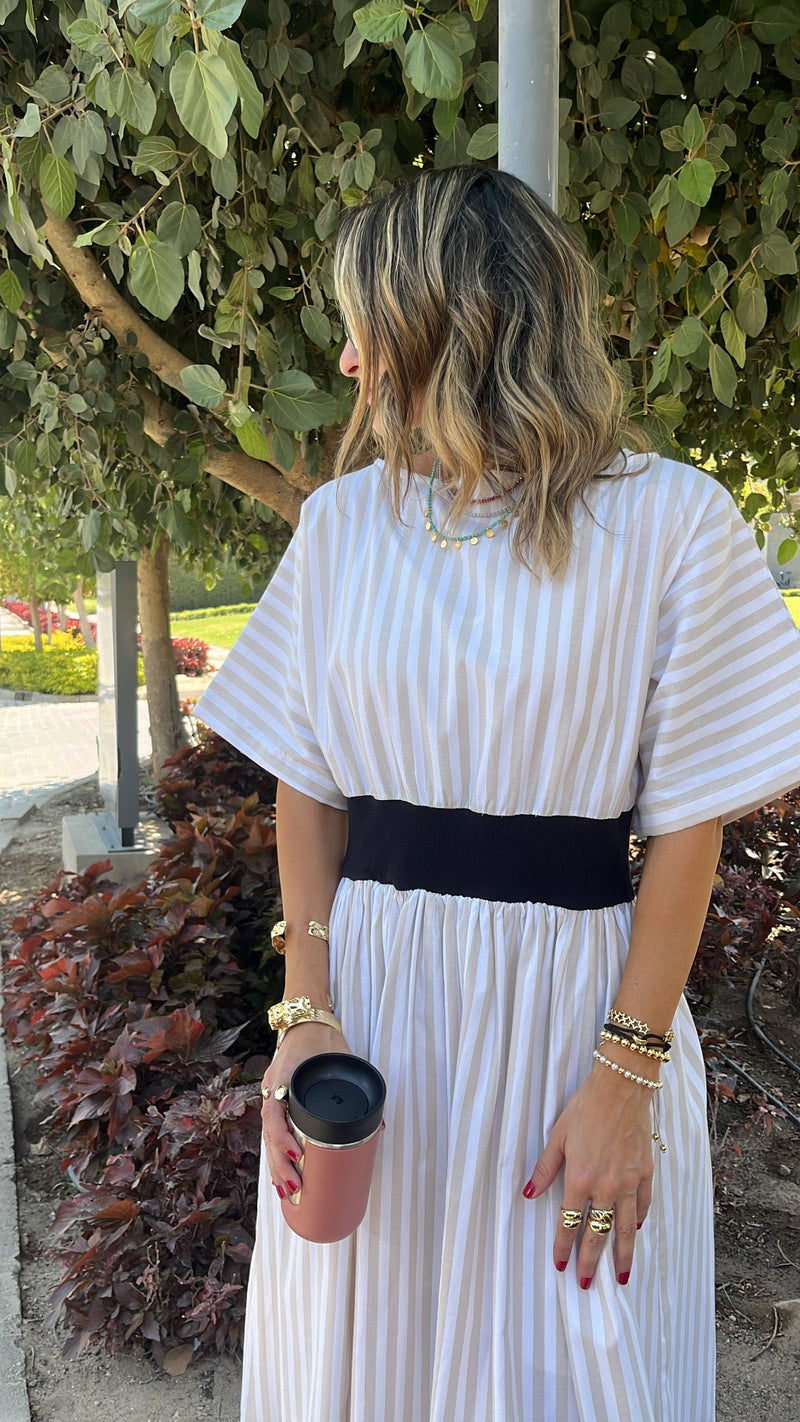 Beige Snatch Waist Stripe Dress