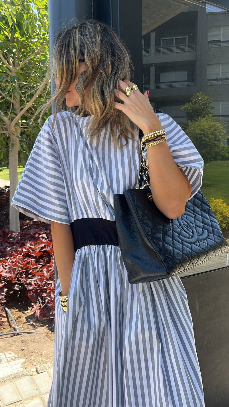 Grey Snatch Waist Stripe Dress