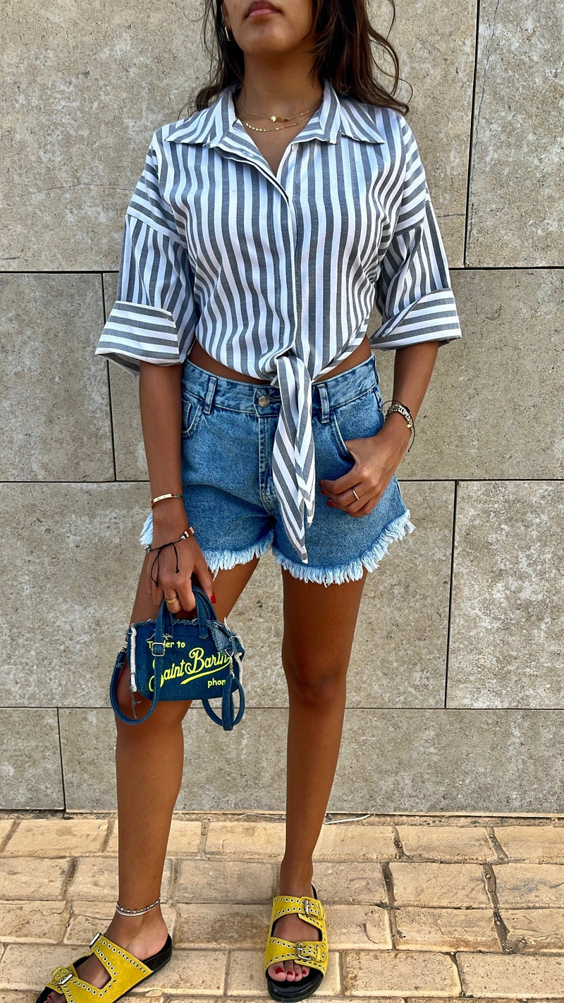 Black Strips and Stripes Cropped Front Tie Shirt