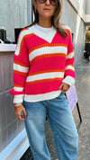 Fuchsia & White Striped V Knit Pullover