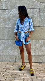 Baby Blue Strips and Stripes Cropped Front Tie Shirt