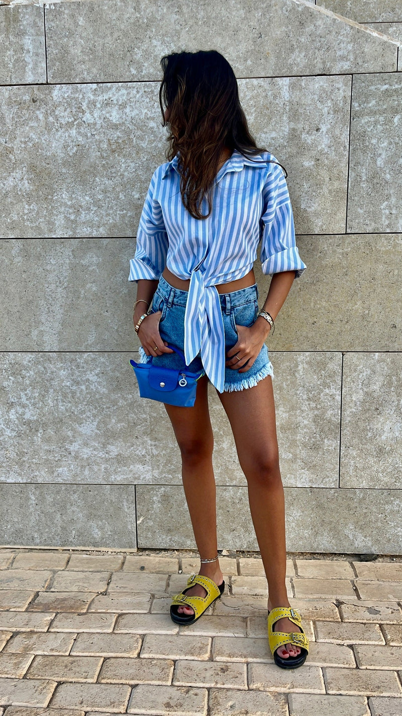 Baby Blue Strips and Stripes Cropped Front Tie Shirt