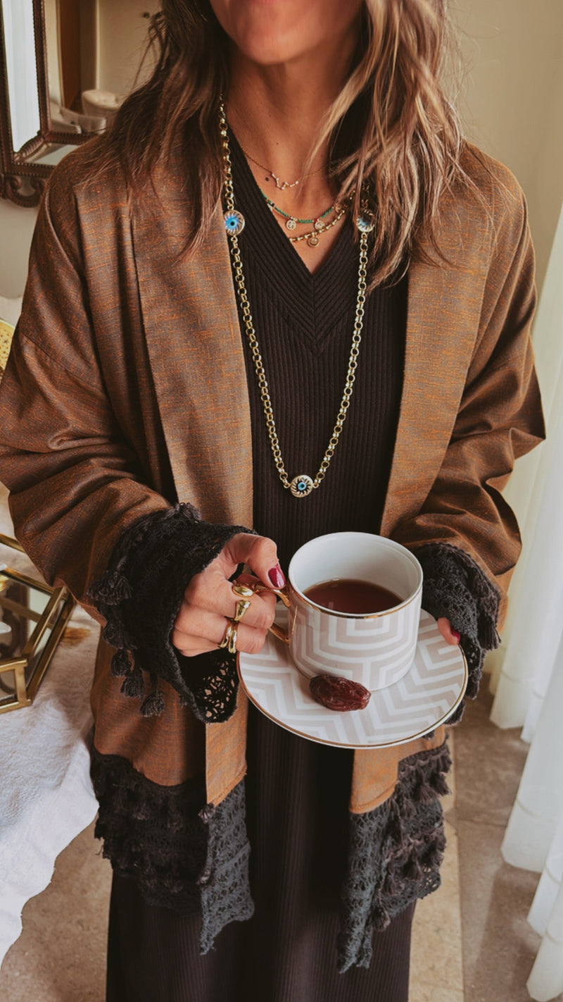 Brown Boho Detailed Mini Kimono