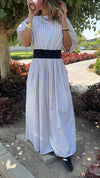 Beige Snatch Waist Stripe Dress