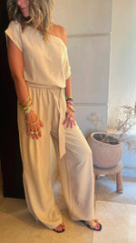 Beige Off Shoulder Belted Jumpsuit