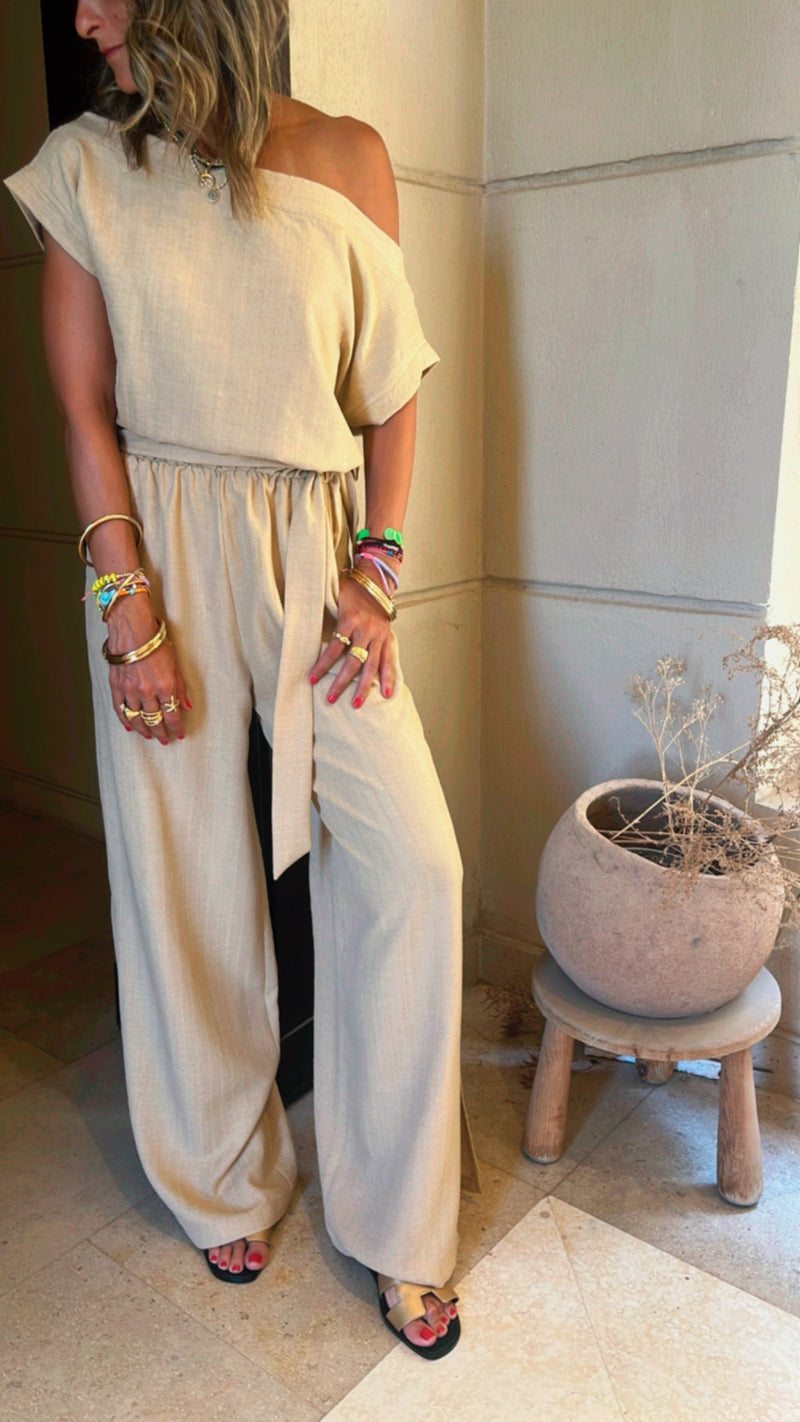 Beige Off Shoulder Belted Jumpsuit