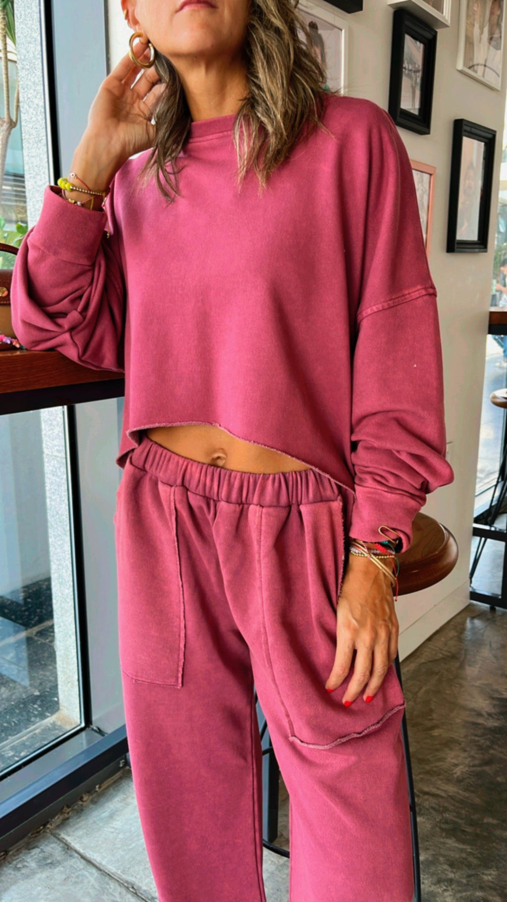 Fuchsia Acid Wash Cropped High low Sweatshirt