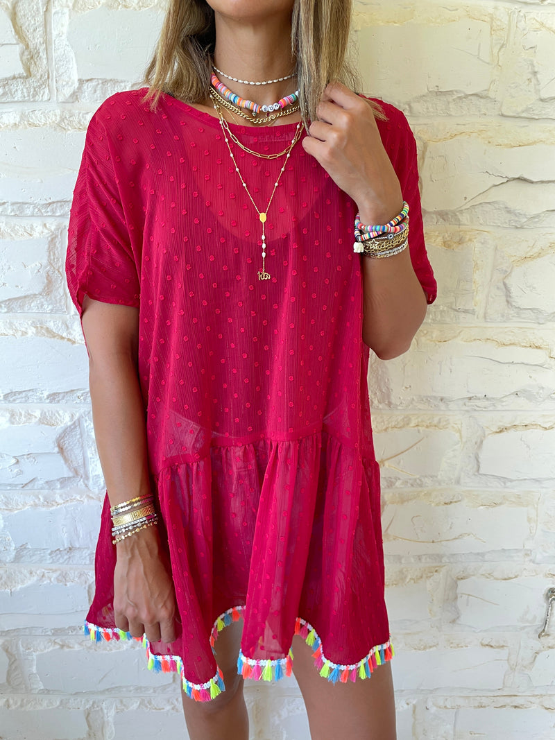 Burgundy Tassel Embellished Coverup