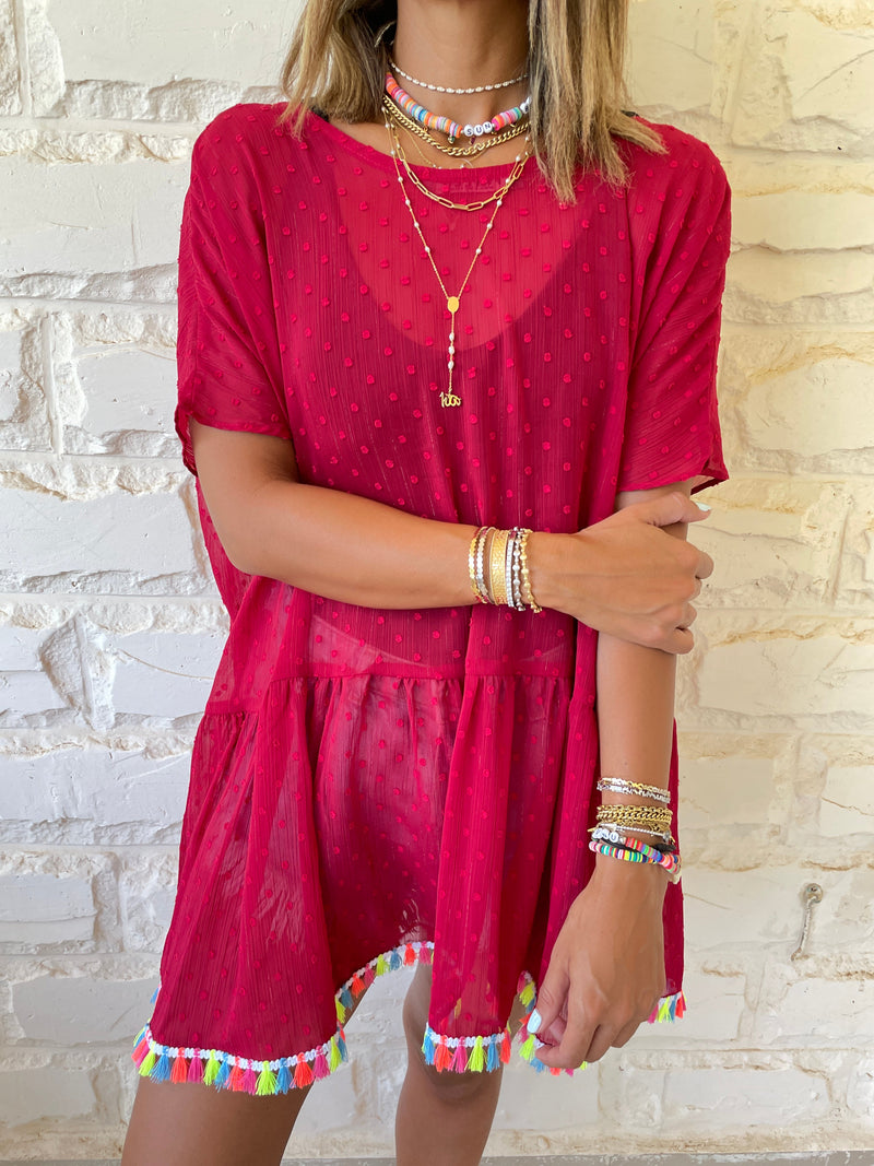 Burgundy Tassel Embellished Coverup