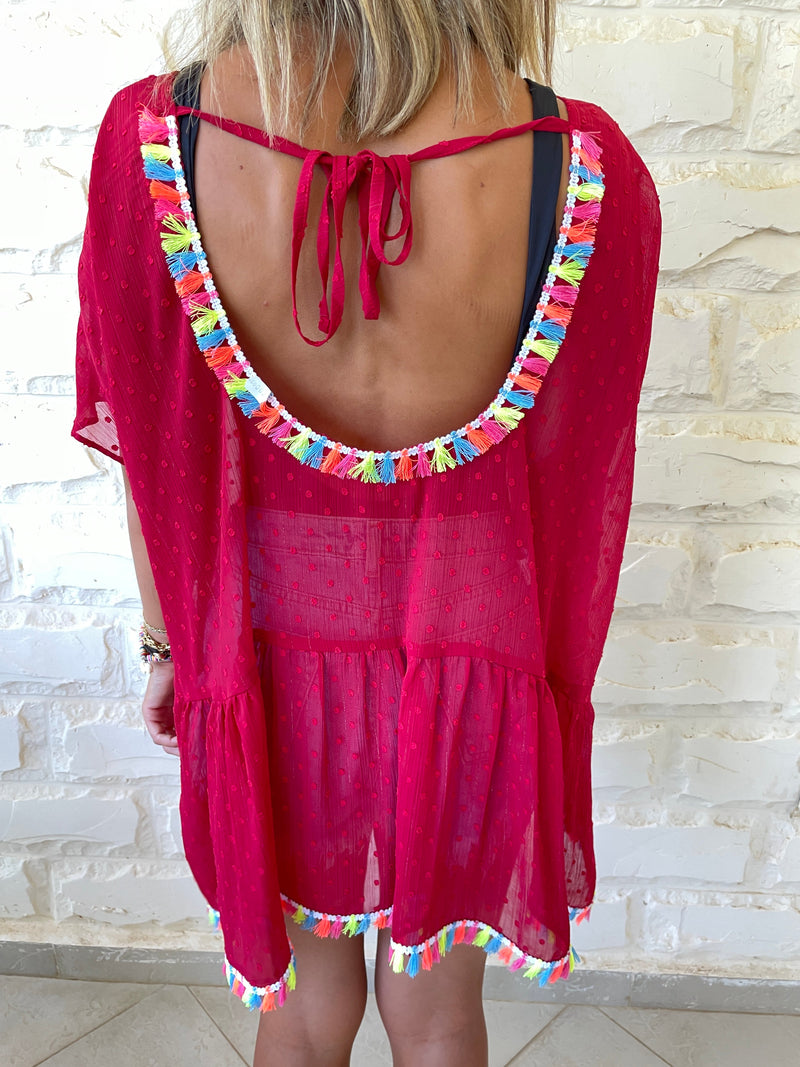 Burgundy Tassel Embellished Coverup