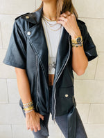 Black Short Sleeve Leather Biker Vest