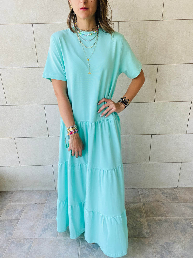 Aqua Long Tiered Dress