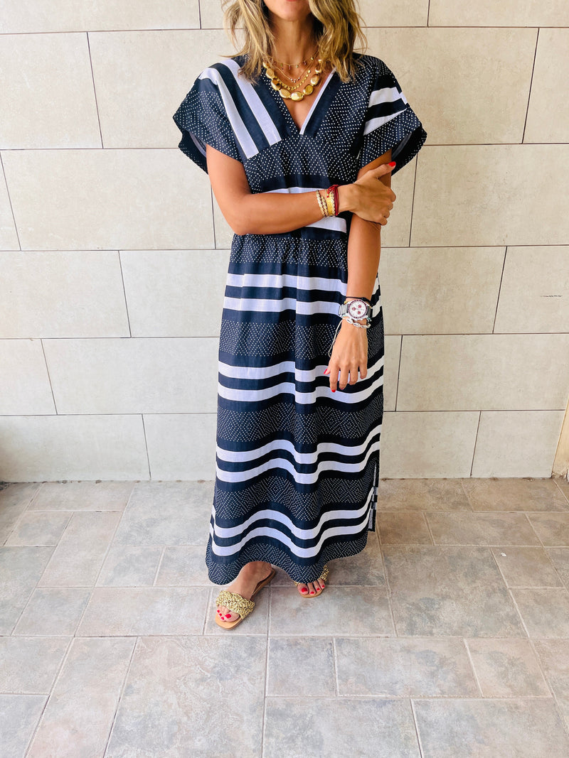 Black Short Sleeve V Striped Dress