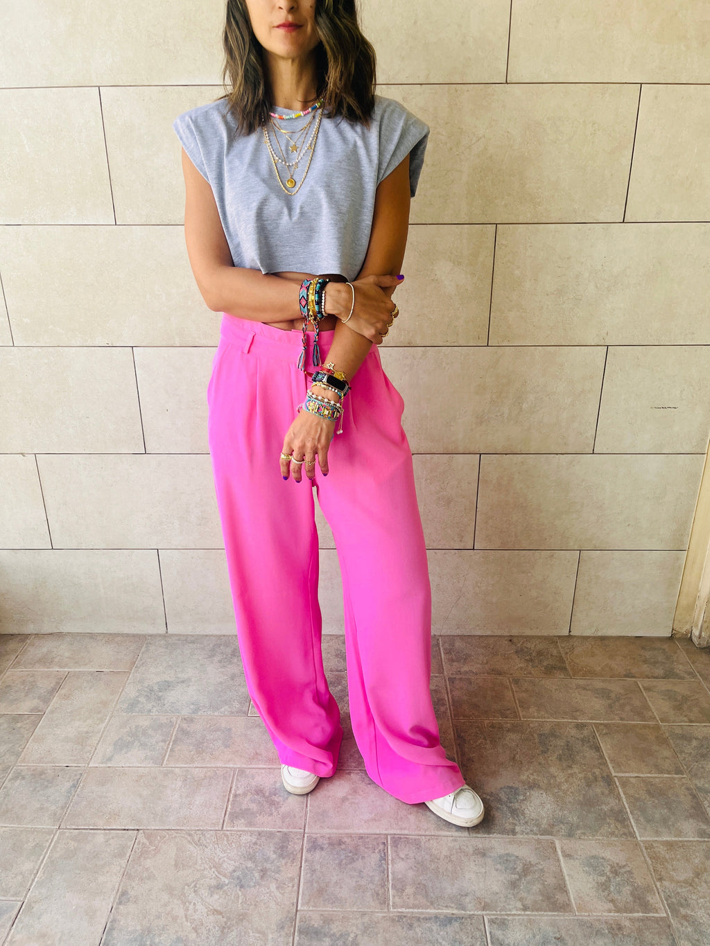 Fuchsia Solid Low Waist Pants