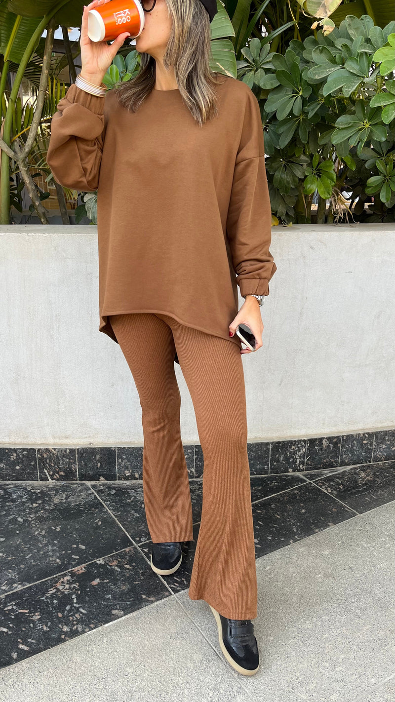 Camel Ribbed Knit Flare