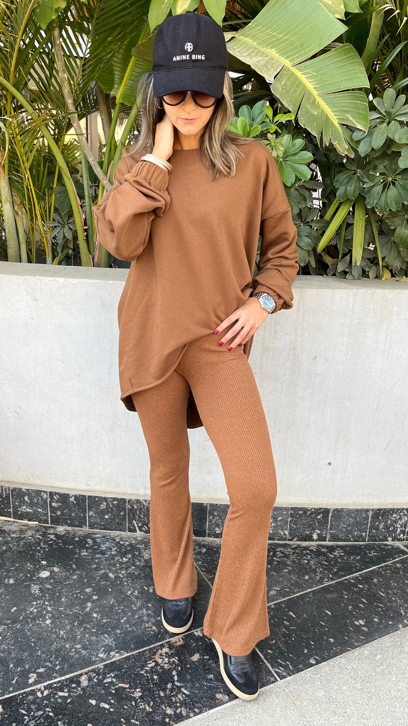 Camel Ribbed Knit Flare