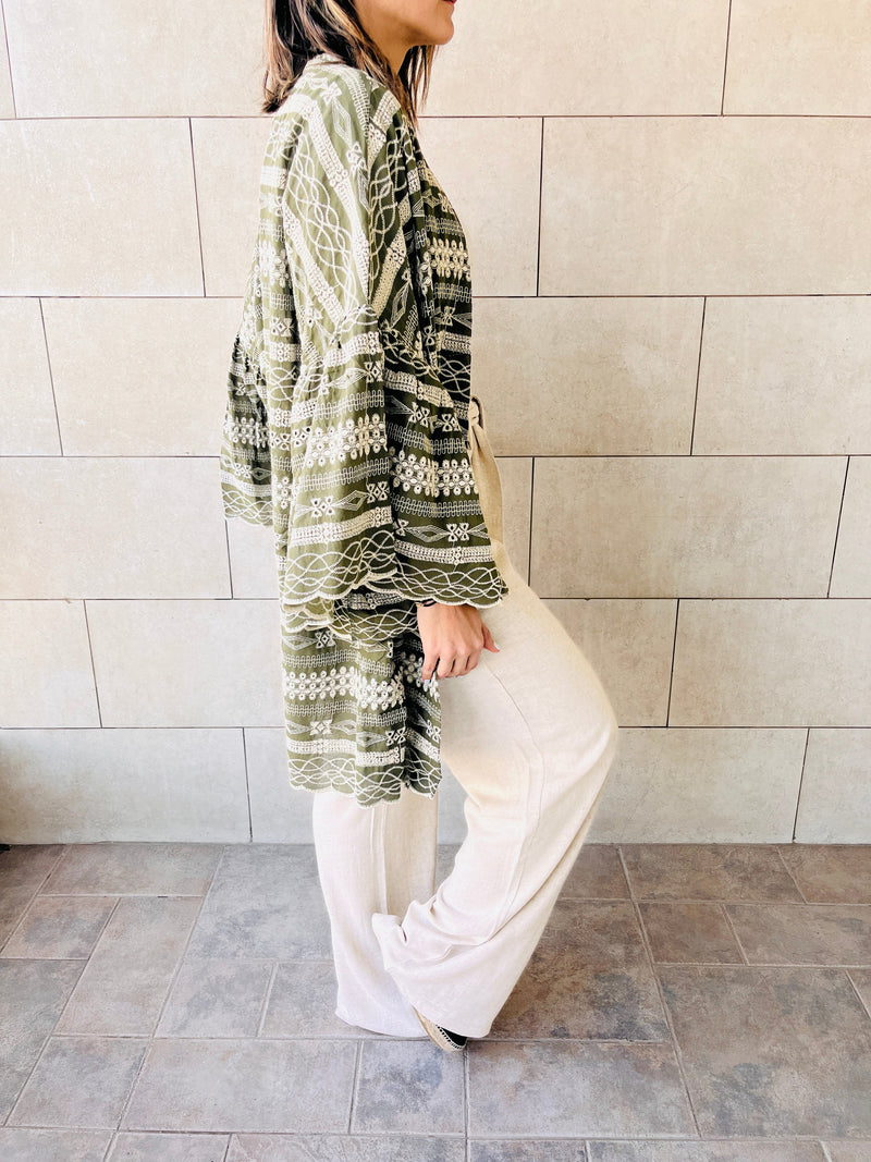 Olive Embroidered Flowy Kimono