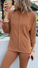 Camel High Low Middle Line Ribbed Top