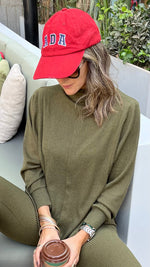 Olive High Low Middle Line Ribbed Top