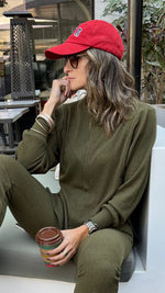 Olive High Low Middle Line Ribbed Top