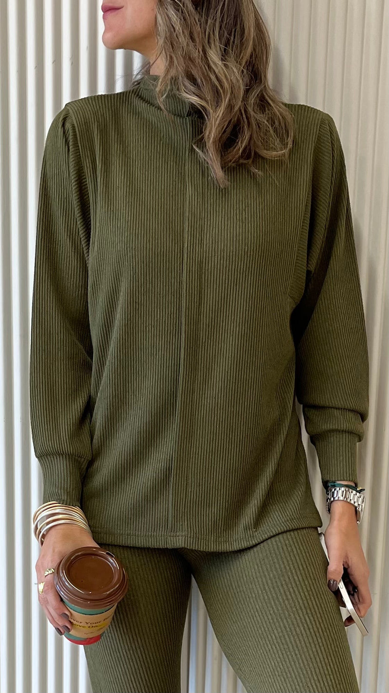 Olive High Low Middle Line Ribbed Top