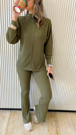 Olive High Low Middle Line Ribbed Top