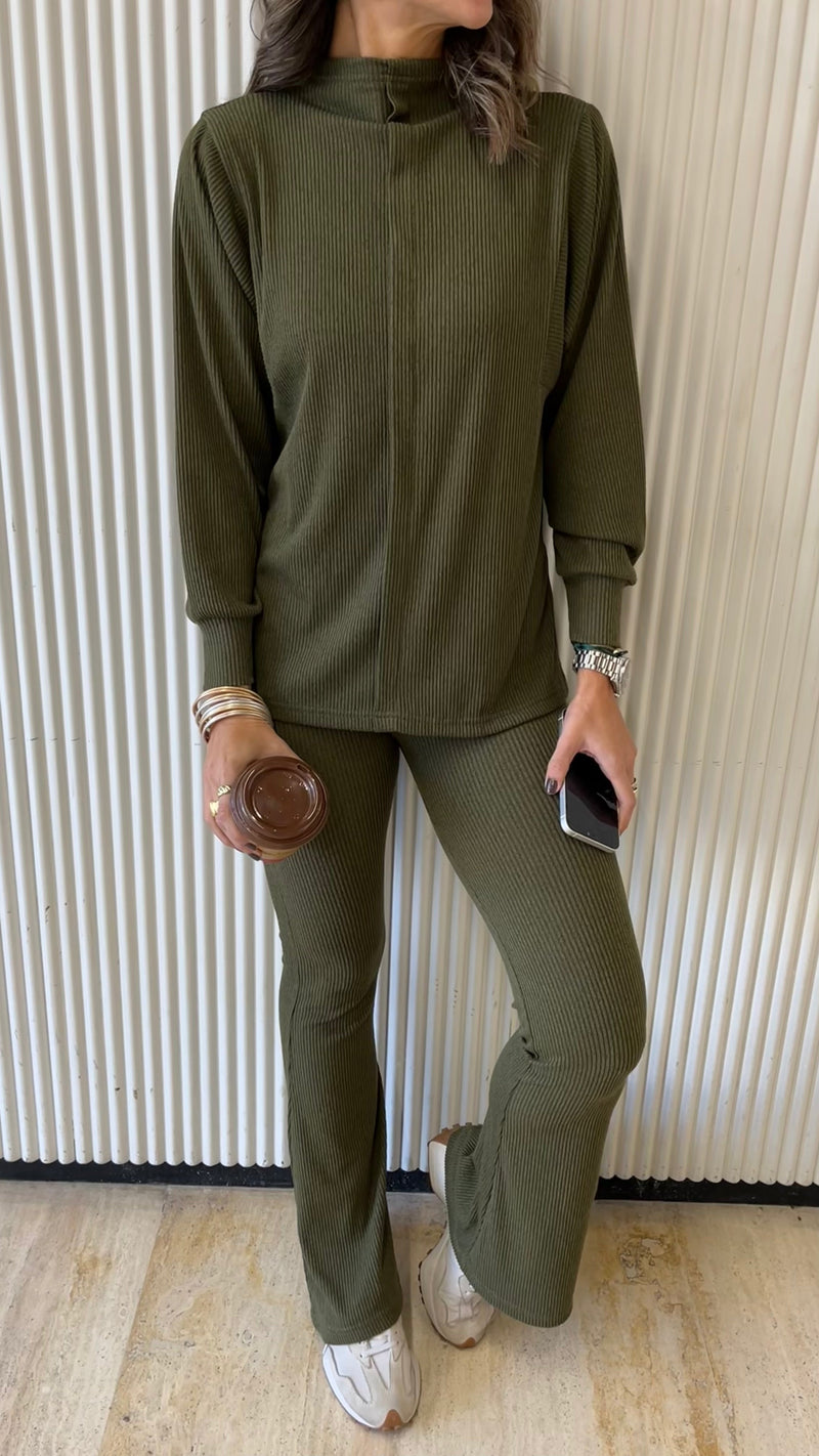 Olive High Low Middle Line Ribbed Top