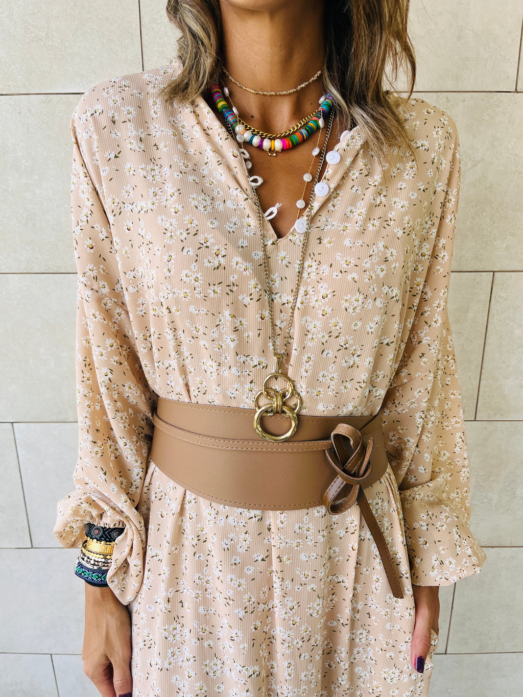 Beige Fall Floral Printed Dress